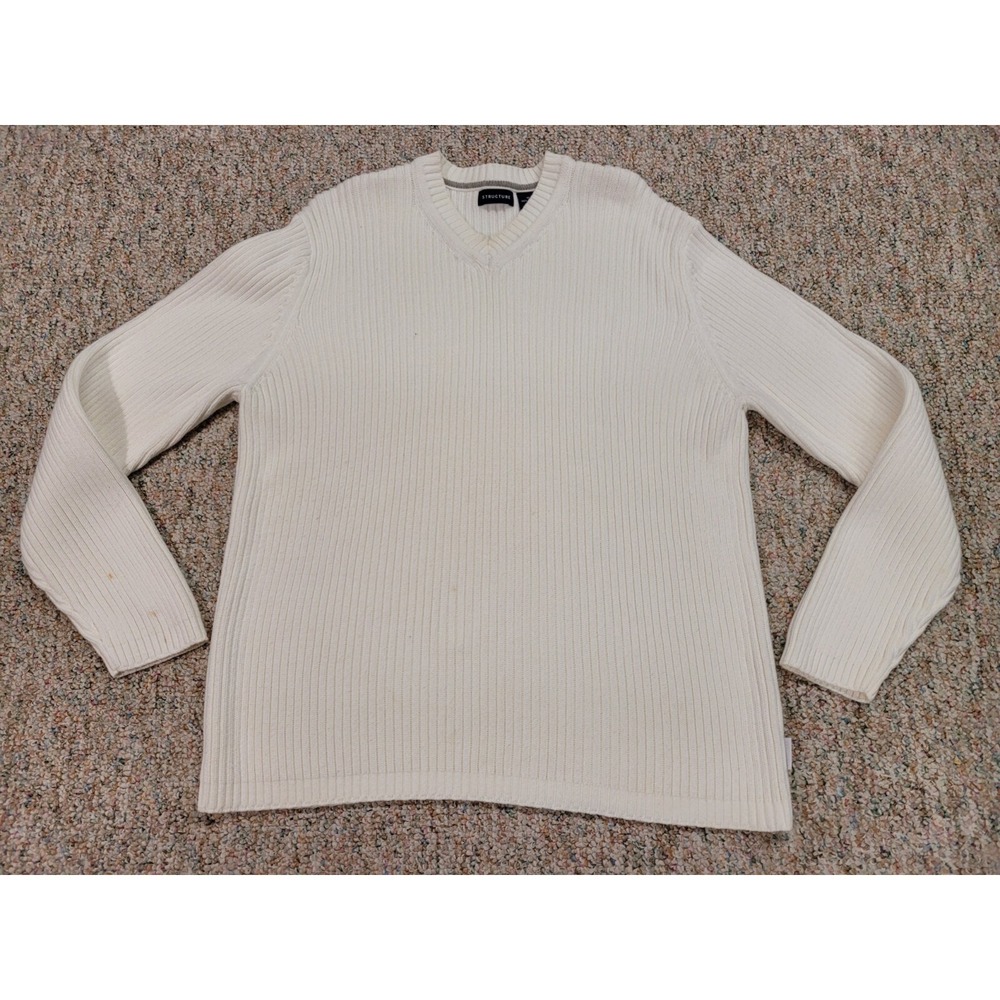 Structure Ribbed‎ V-Neck Sweater Mens XL Cream Cotton Long Sleeve Pullover